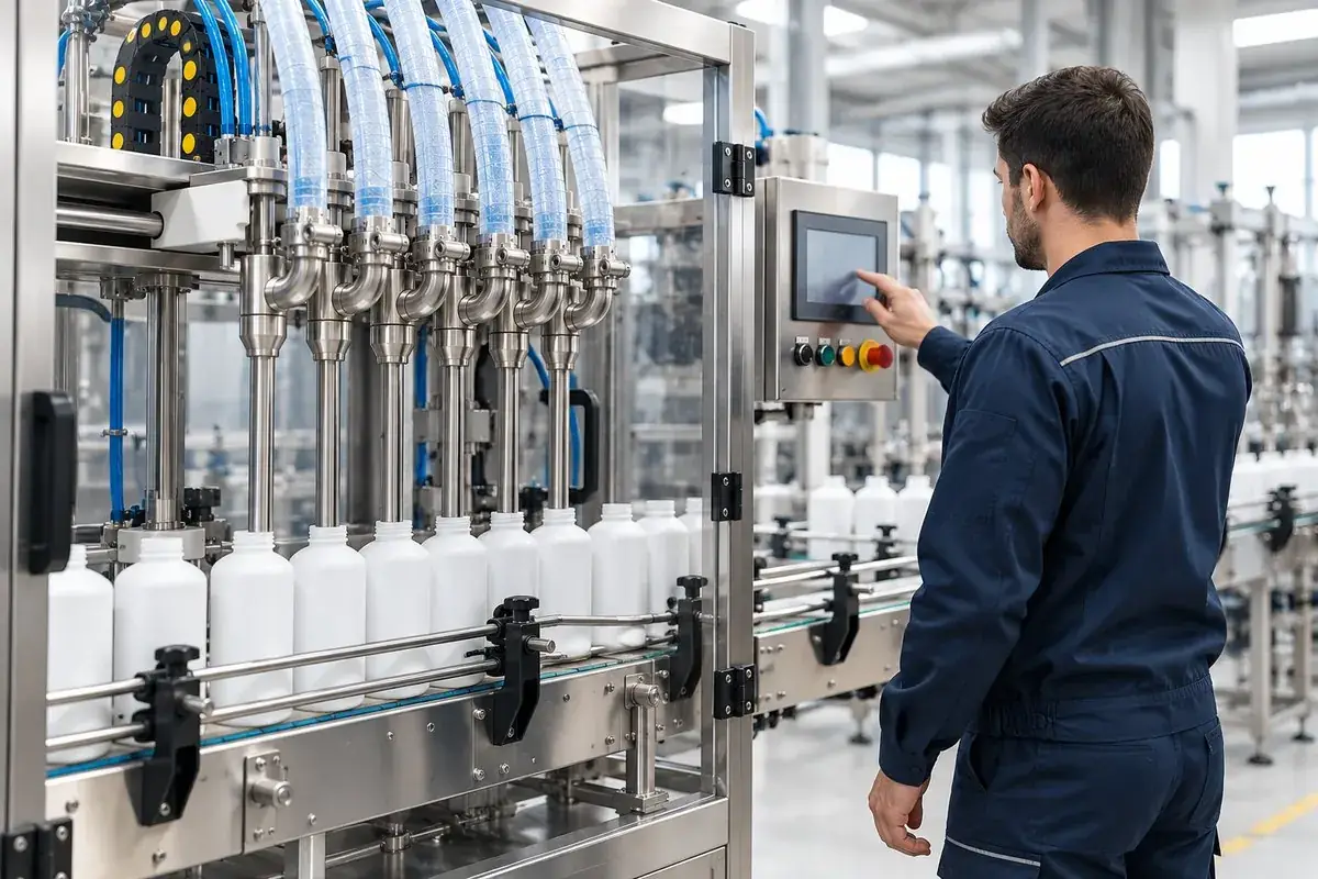 Servis mühendisi dolum makinasının kontrol panelini ayarlıyor